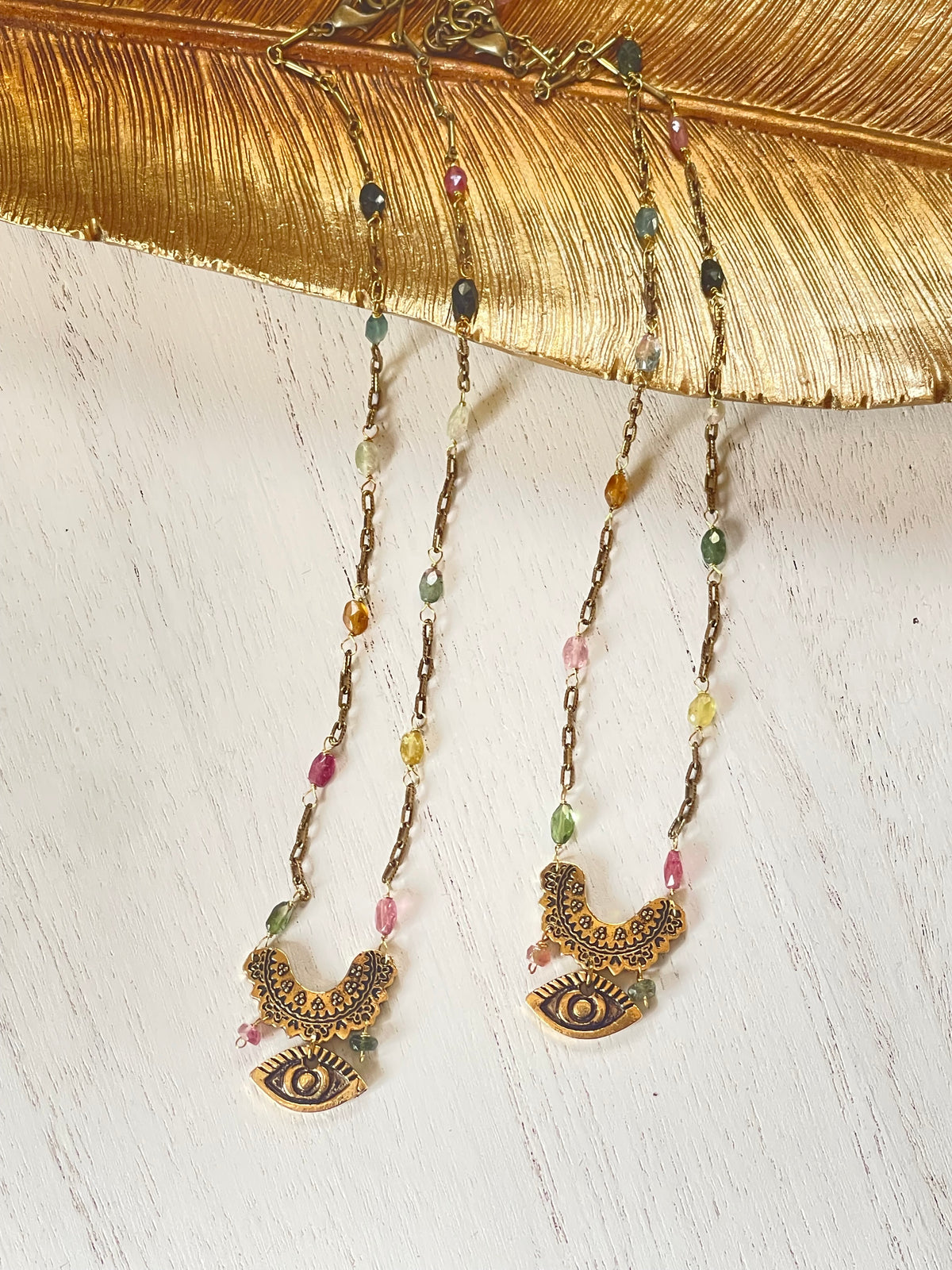 Handmade evil eye gemstone necklace with tourmaline