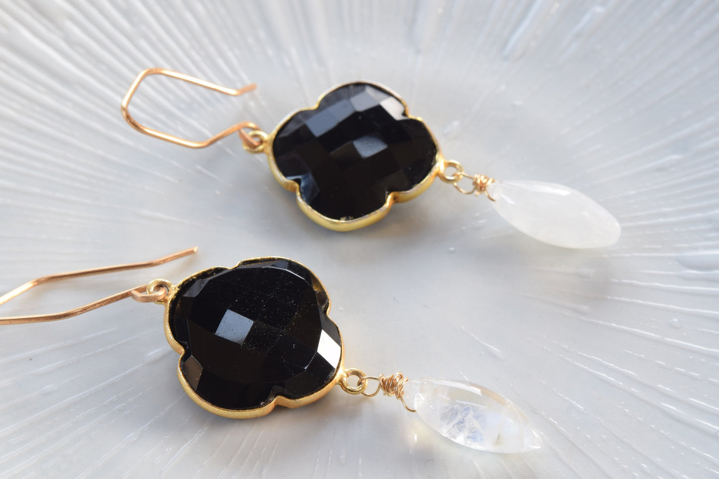 Black Onyx and Rainbow Moonstone Earrings