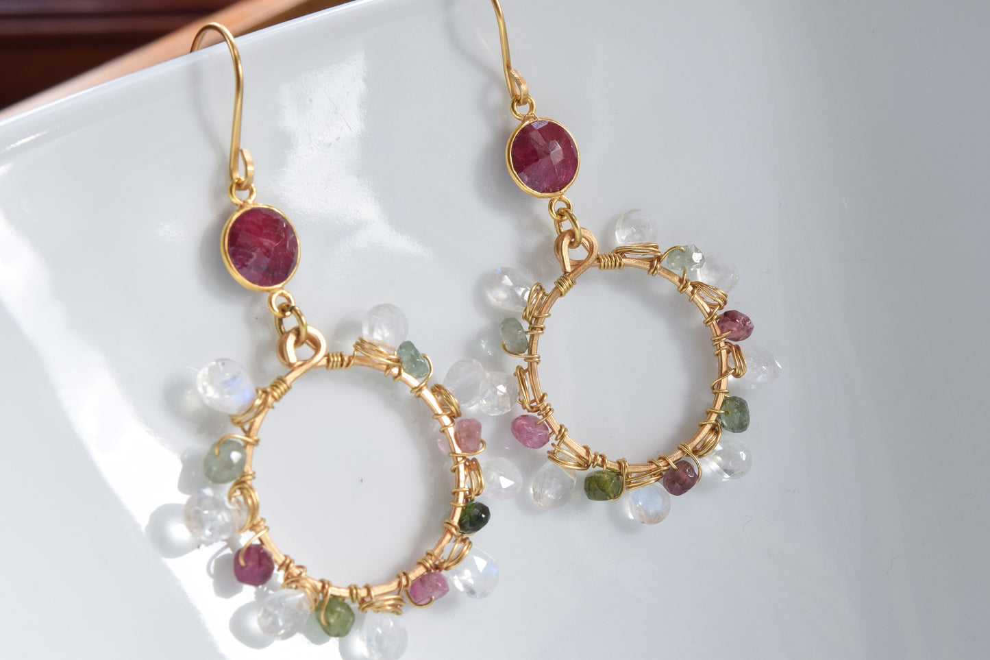 Tourmaline and Rainbow Moonstone Hoop Earrings