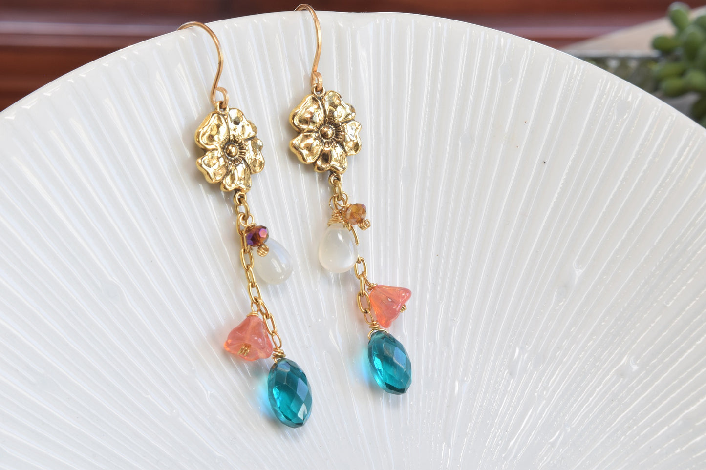 Teal Quartz / Moonstone Flower Earrings (Gold)