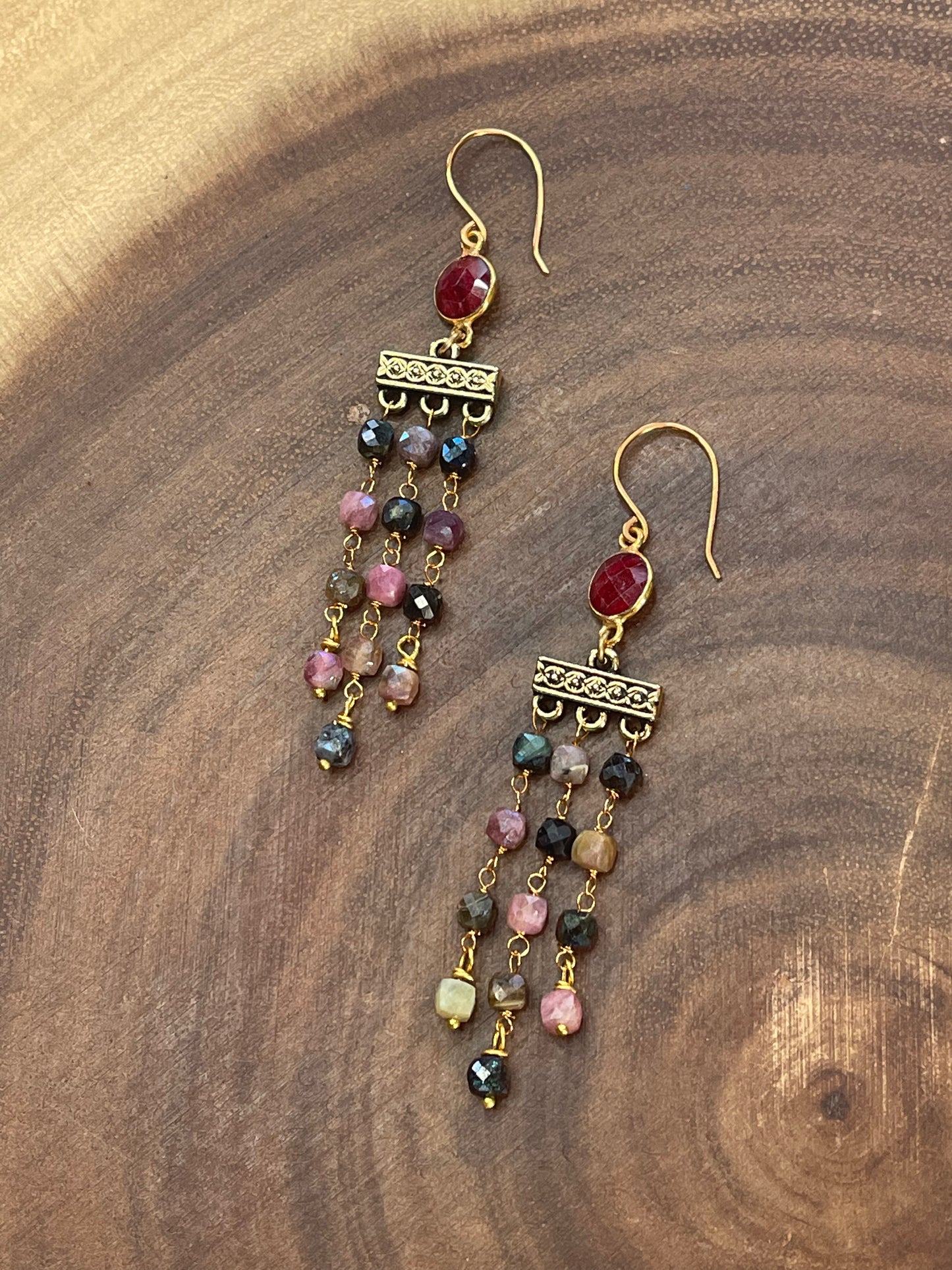 Mystic Tourmaline / Ruby Beaded Earrings