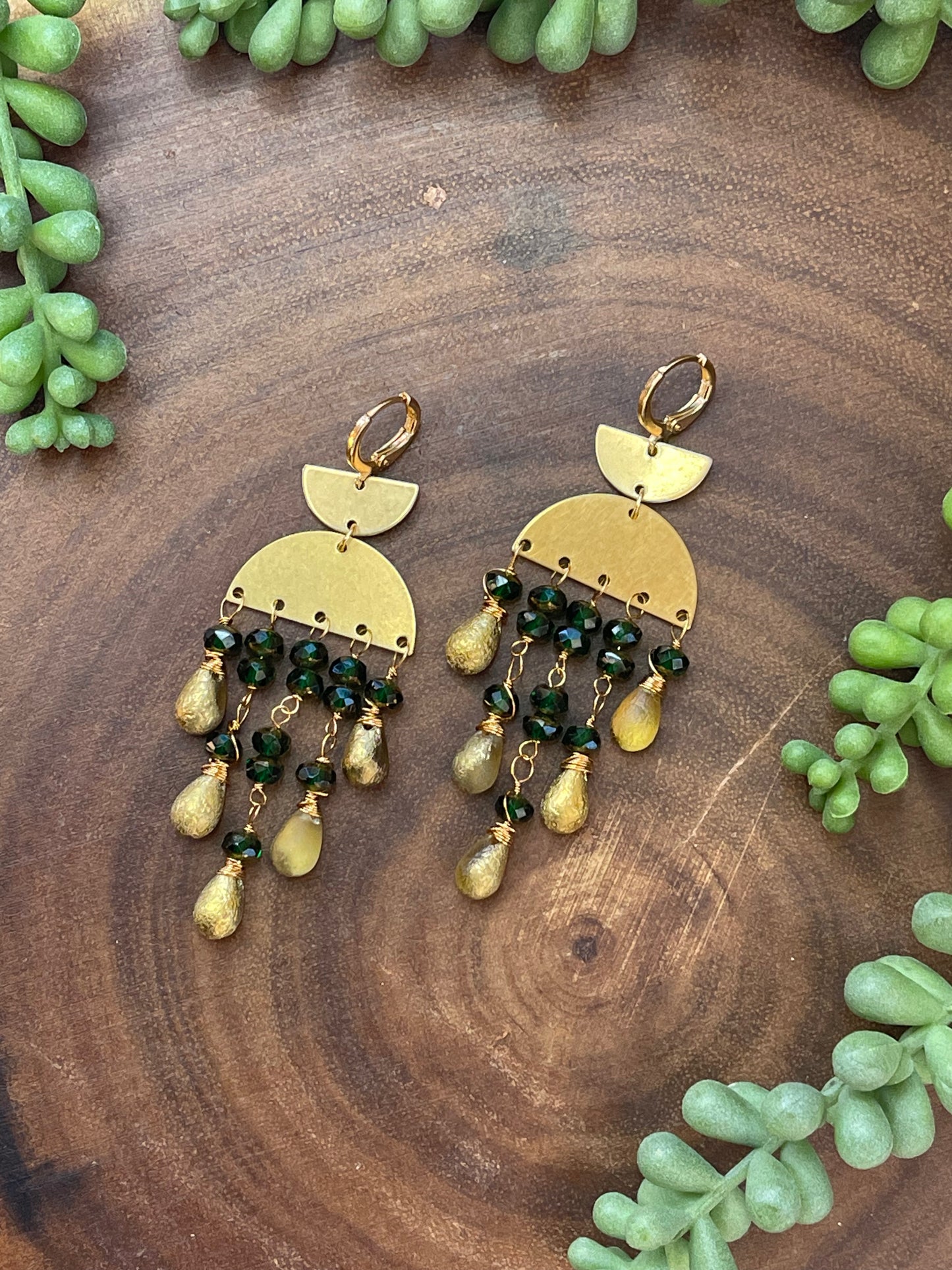 Emerald Green/Gold Czech Beaded Earrings