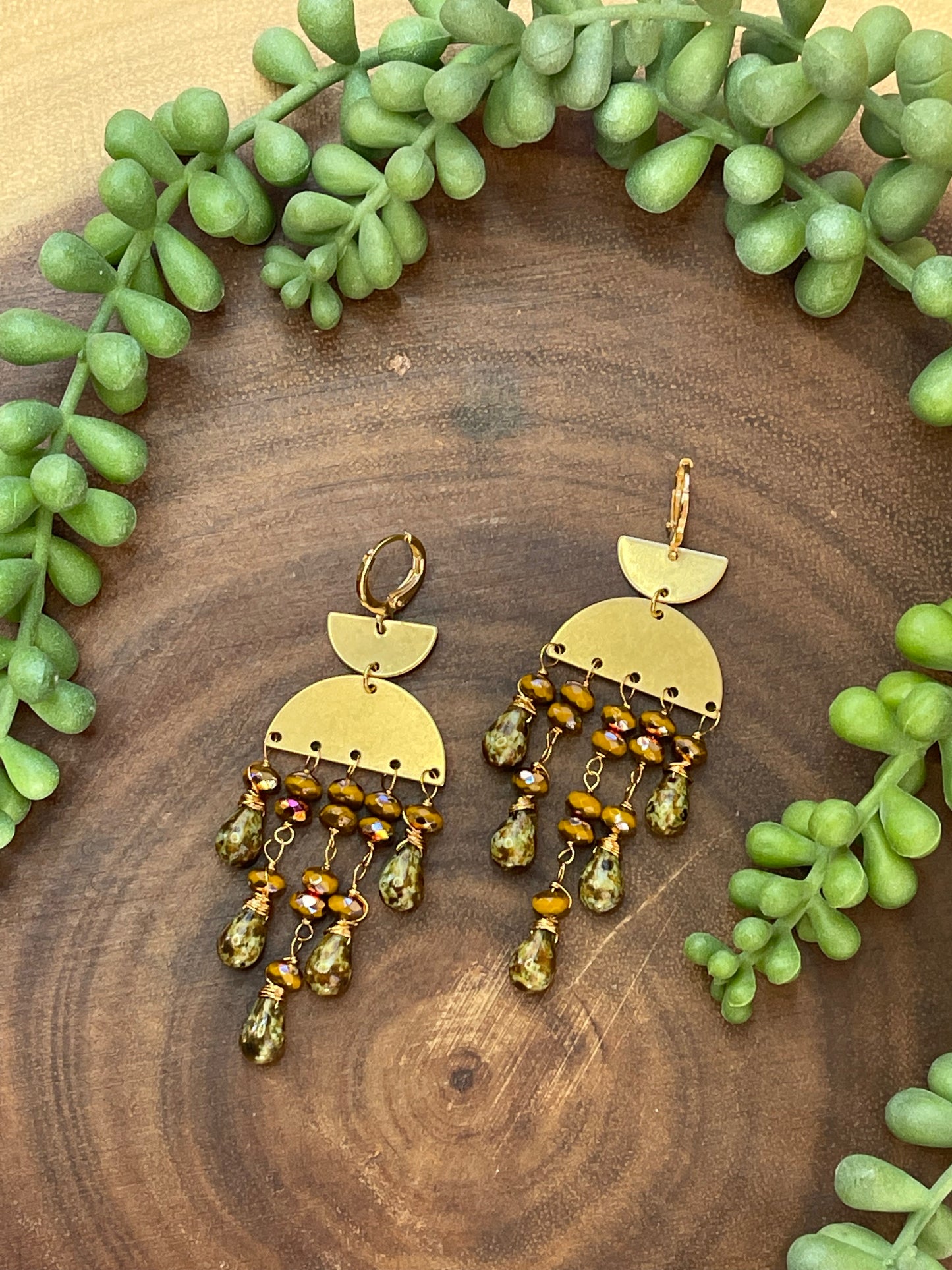 Mustard Yellow/Green Czech Beaded Earrings