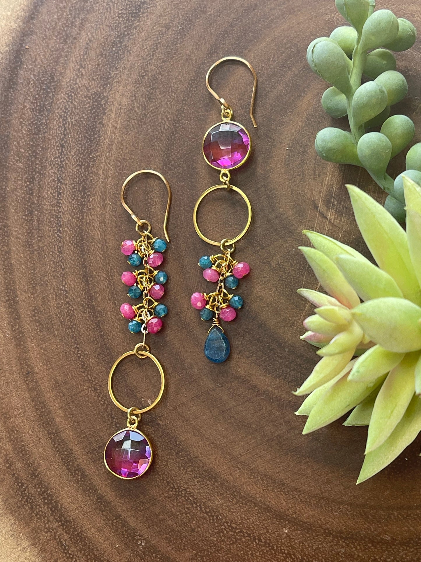 Pink Aura Quartz / Apatite Asymmetrical Earrings
