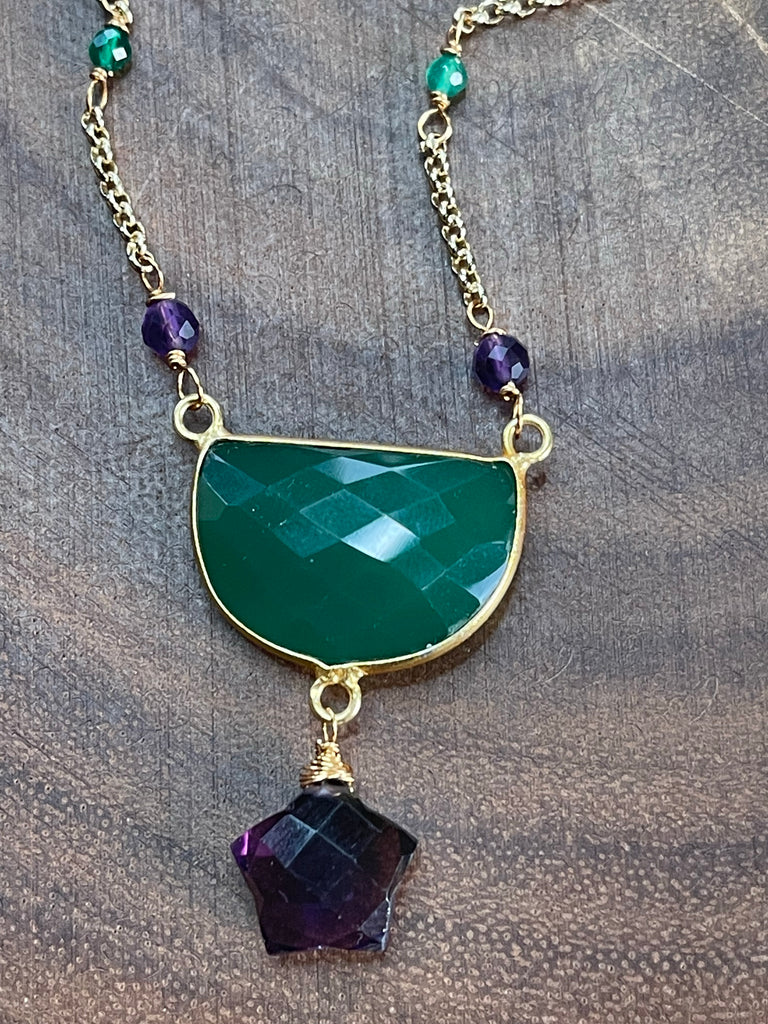 Green Chalcedony and Amethyst Quartz Star Necklace