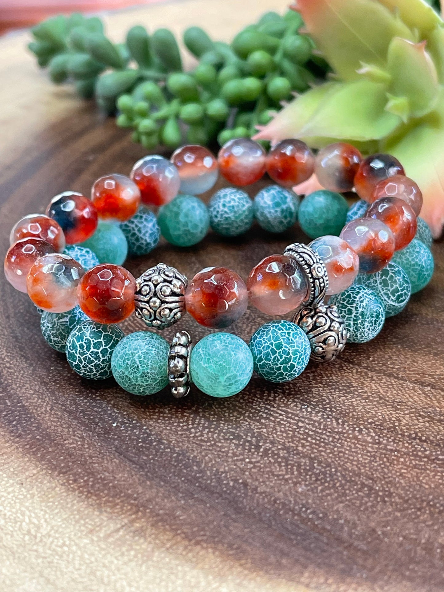 Orange and Green Agate Bracelet Set