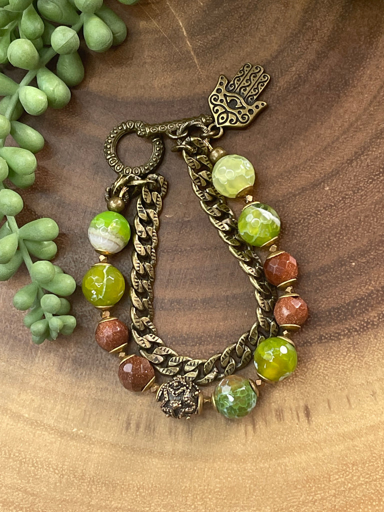 Banded Green Agate and Sandstone Beaded Bracelet