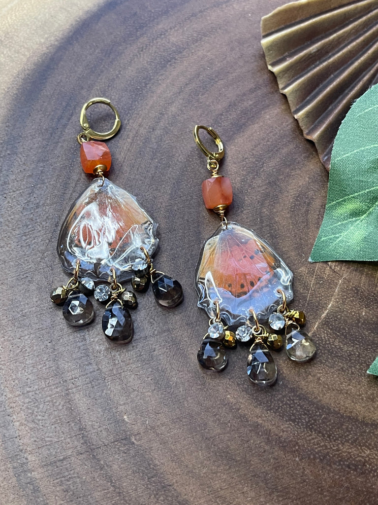 Resin Orange Butterfly / Gemstone Earrings