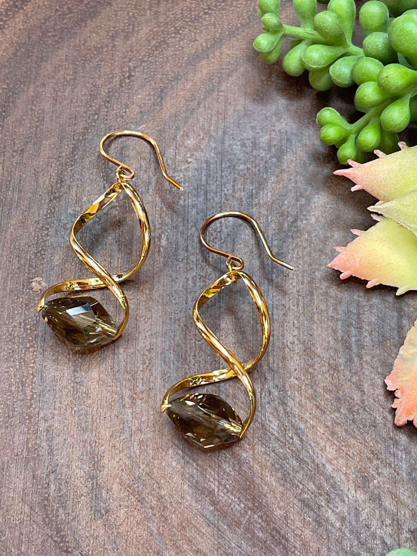 Smoky Topaz Crystal Spiral Earrings