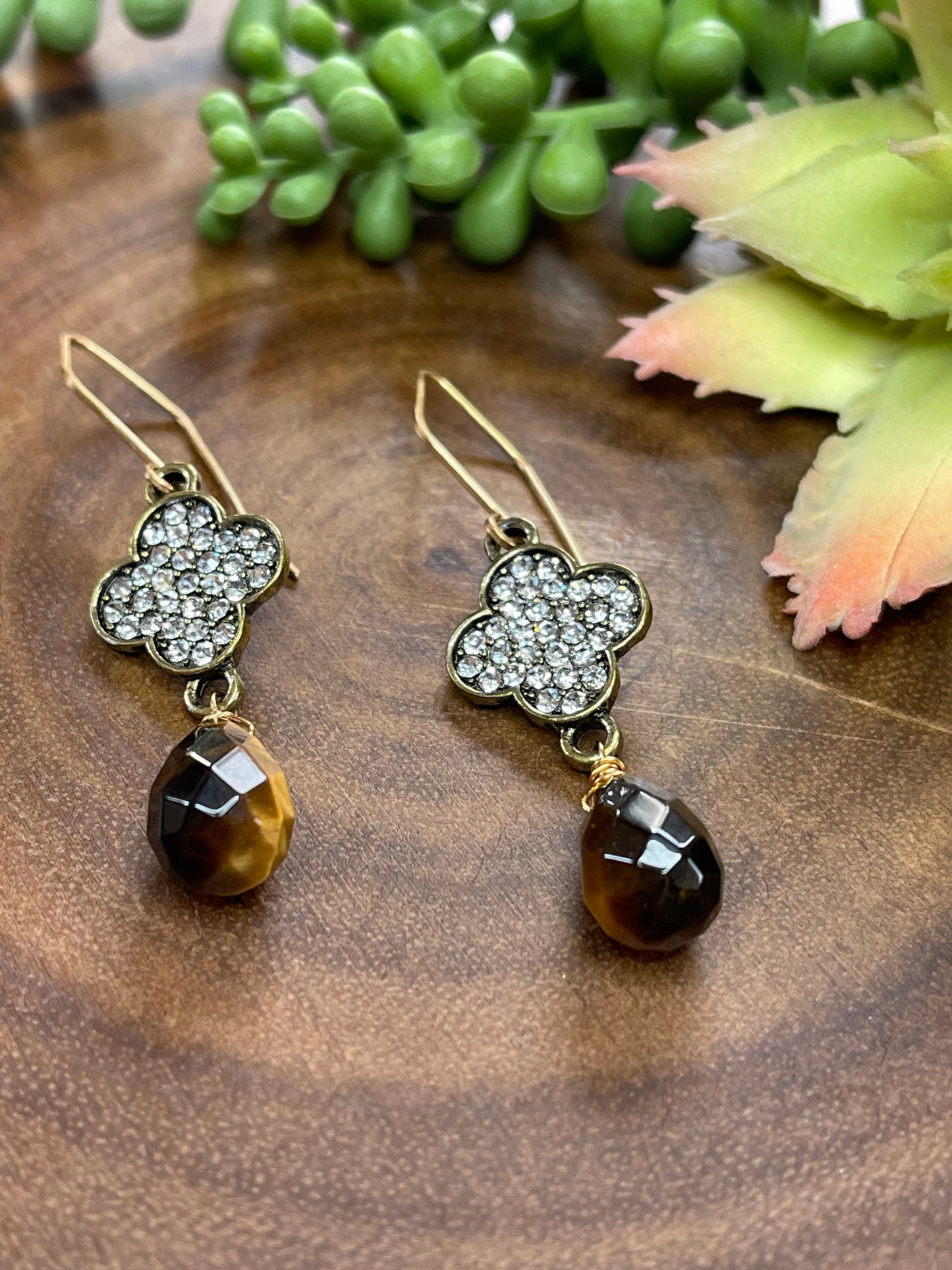 Tiger Eye Clover Dangle Earrings