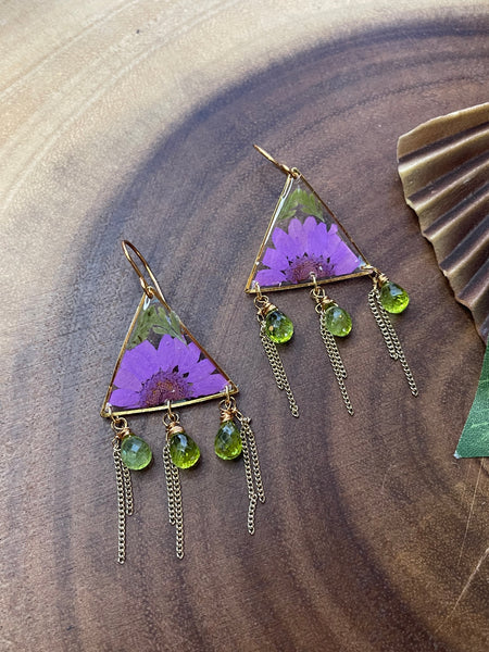 Resin Purple Daisy / Peridot Earrings