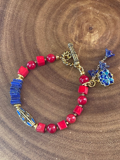 Red Coral & Lapis Lazuli Bracelet with Blue Floral Charm