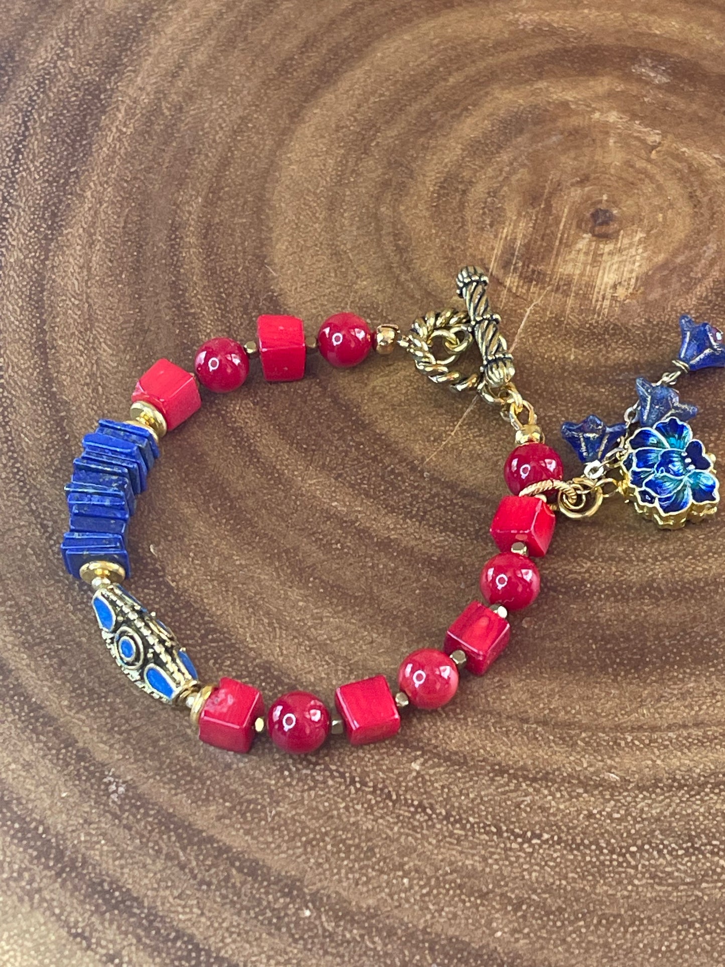 Red Coral & Lapis Lazuli Bracelet with Blue Floral Charm