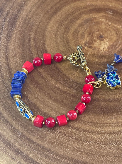 Red Coral & Lapis Lazuli Bracelet with Blue Floral Charm