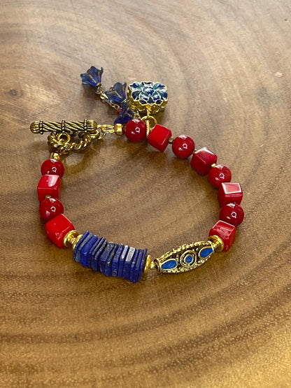 Red Coral & Lapis Lazuli Bracelet with Blue Floral Charm
