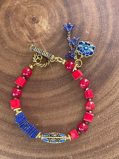 Red Coral & Lapis Lazuli Bracelet with Blue Floral Charm