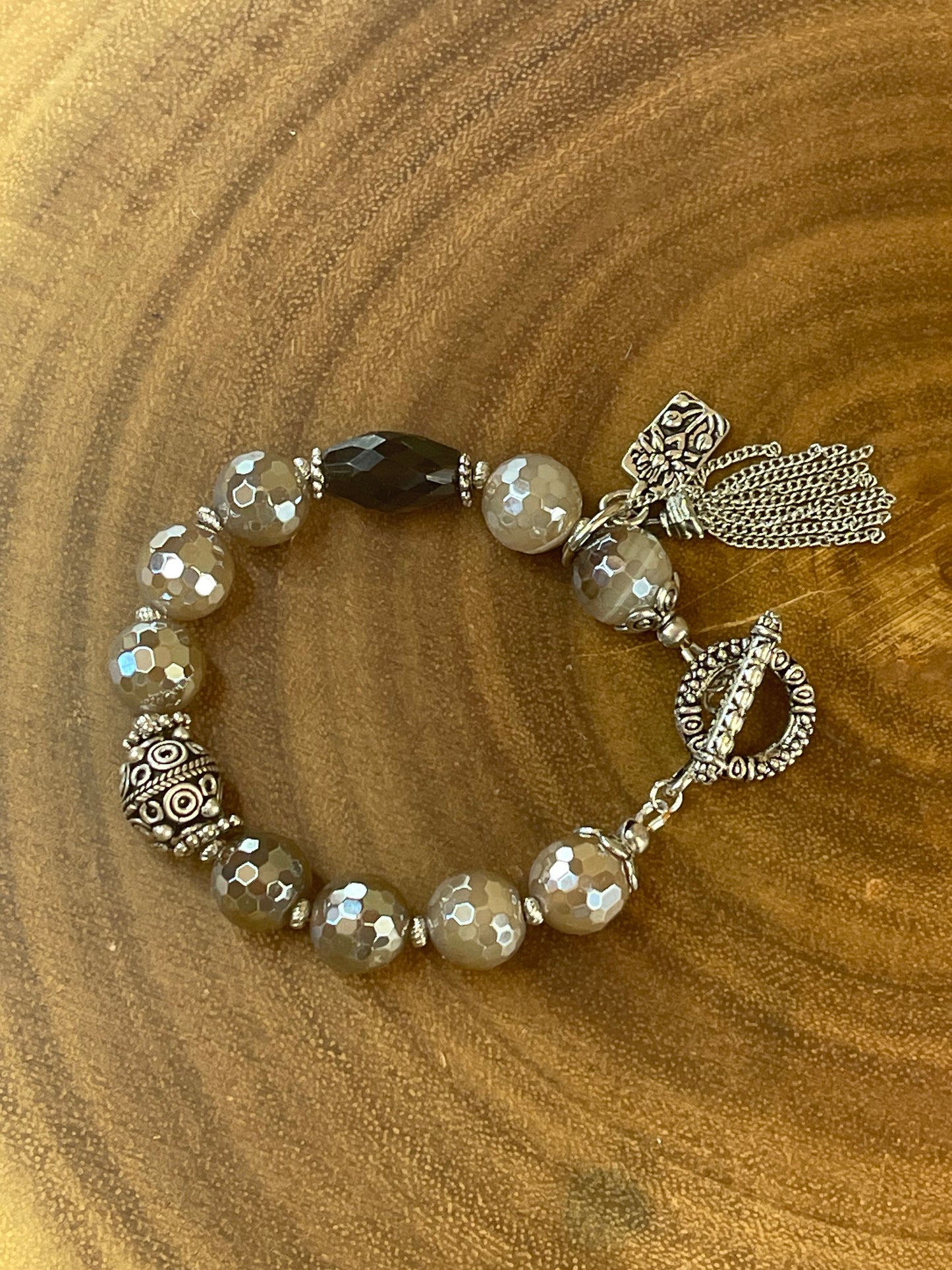 Mystic Agate & Smoky Quartz Bracelet with Silver Tassel