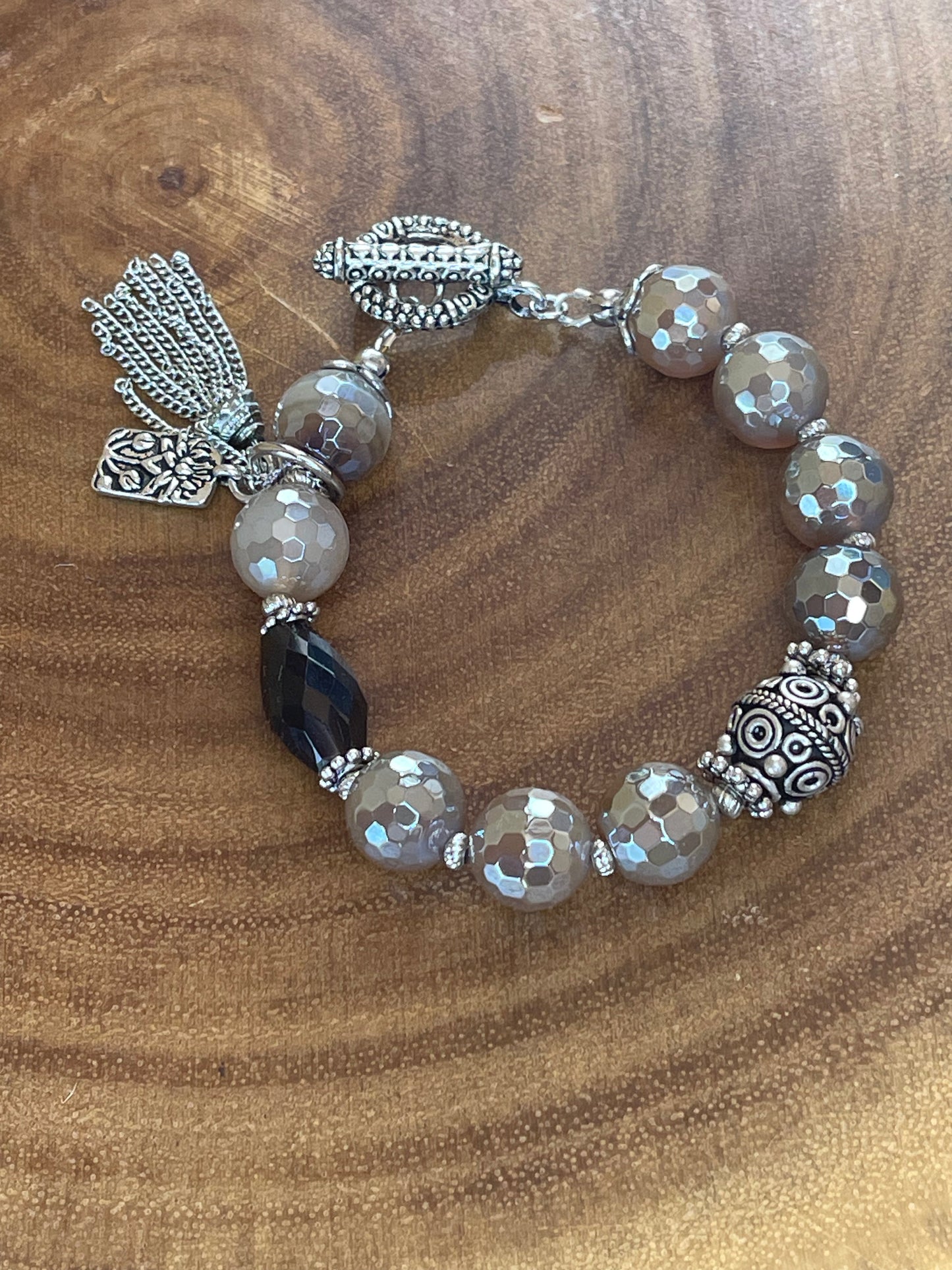 Mystic Agate & Smoky Quartz Bracelet with Silver Tassel