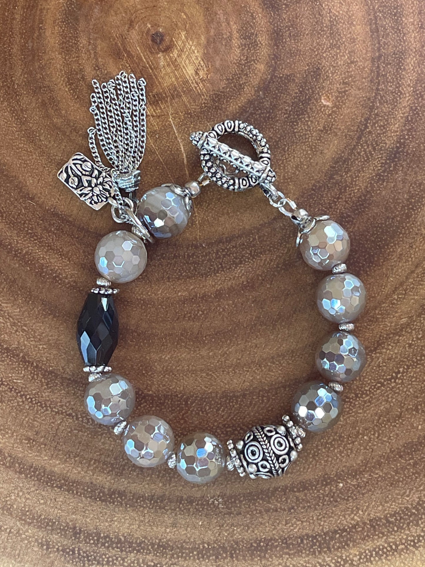 Mystic Agate & Smoky Quartz Bracelet with Silver Tassel