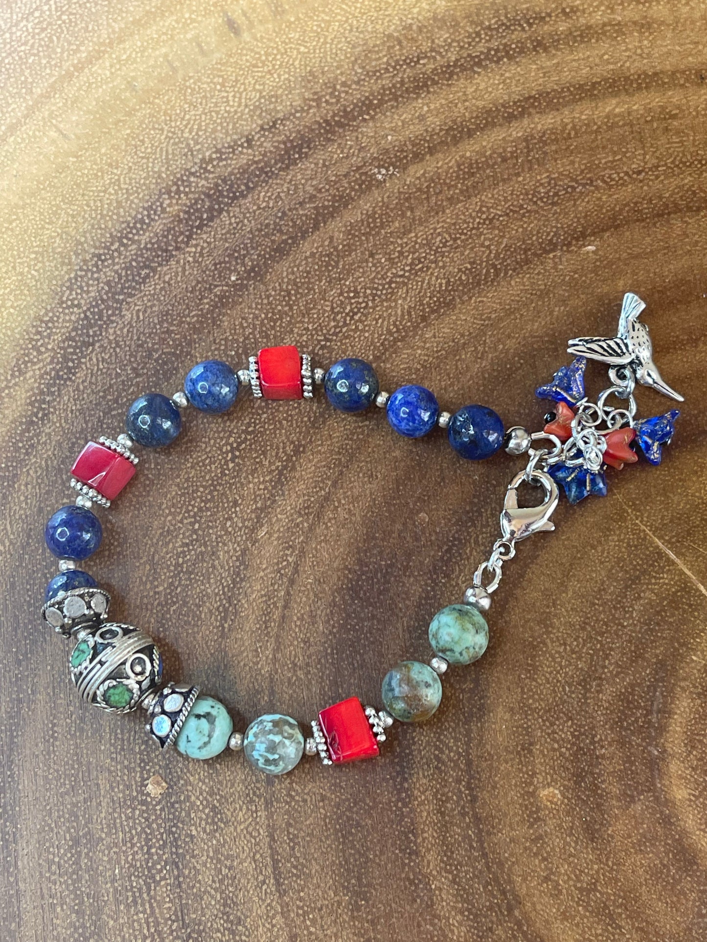 African Amazonite, Lapis Lazuli & Coral Bird Charm Bracelet