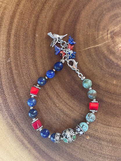 African Amazonite, Lapis Lazuli & Coral Bird Charm Bracelet