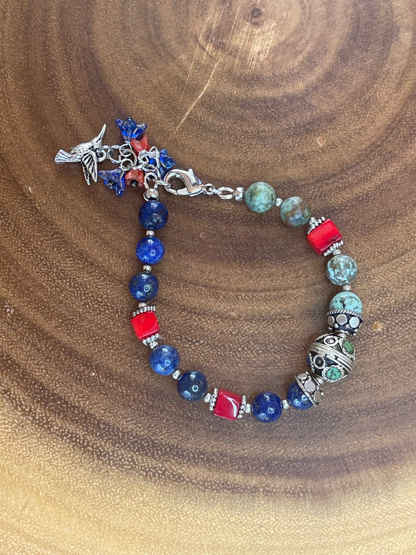 African Amazonite, Lapis Lazuli & Coral Bird Charm Bracelet