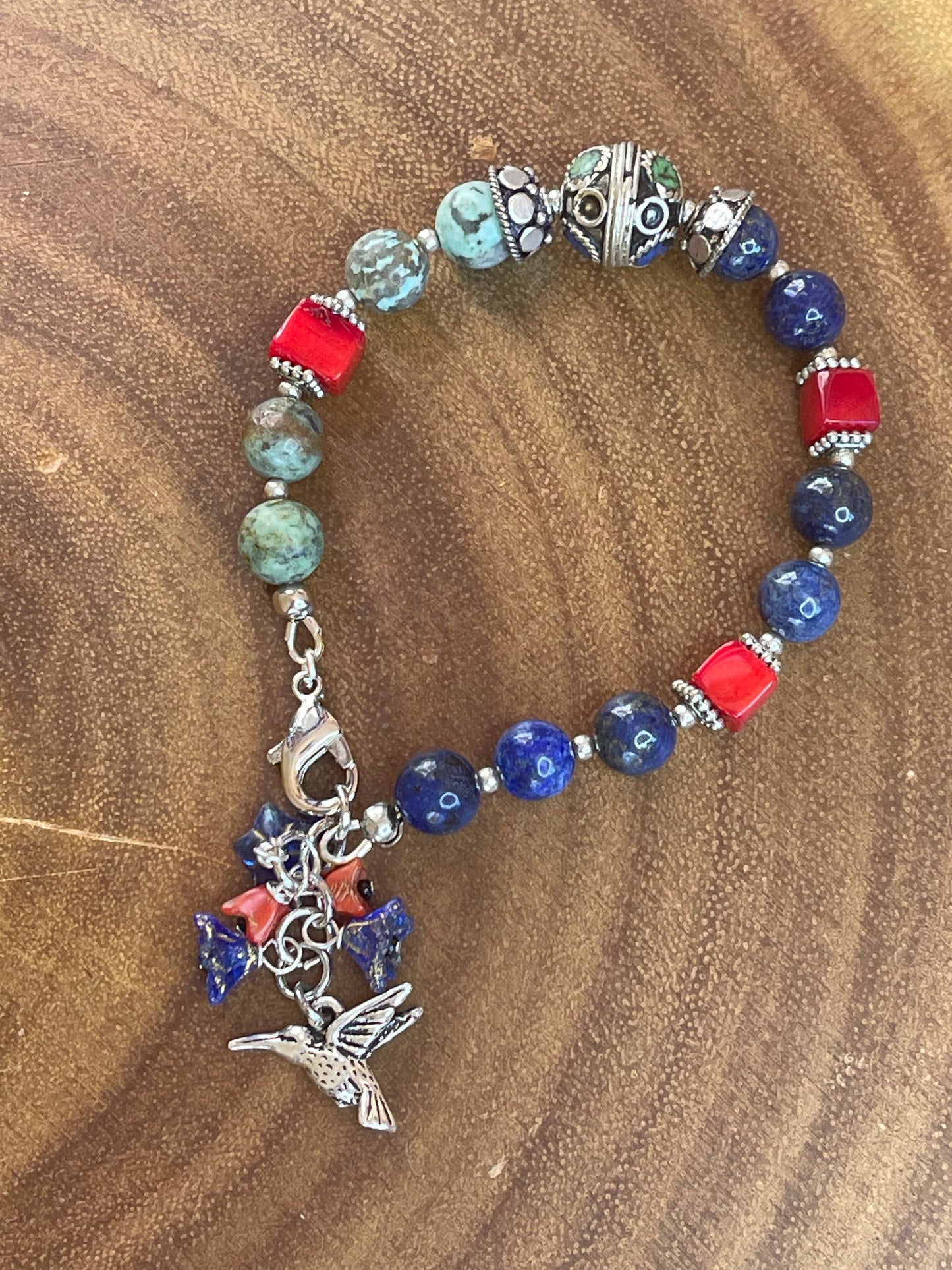 African Amazonite, Lapis Lazuli & Coral Bird Charm Bracelet
