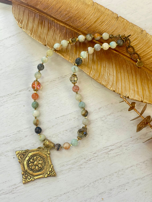 Amazonite Necklace - Brass Necklace - Boho Necklace - Statement Necklace