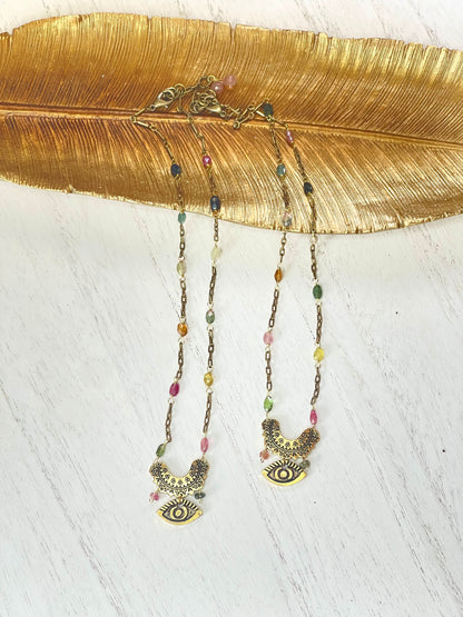Tourmaline Necklace - Colored Necklace - Gemstone Necklace - Evil Eye Necklace