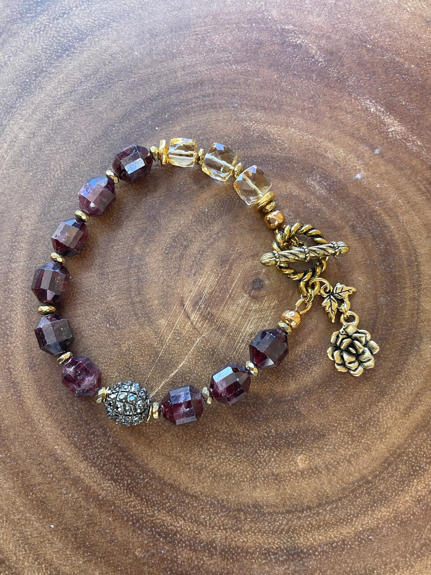 Garnet Gemstone Beaded Bracelet / Handmade Floral Charm Bracelet