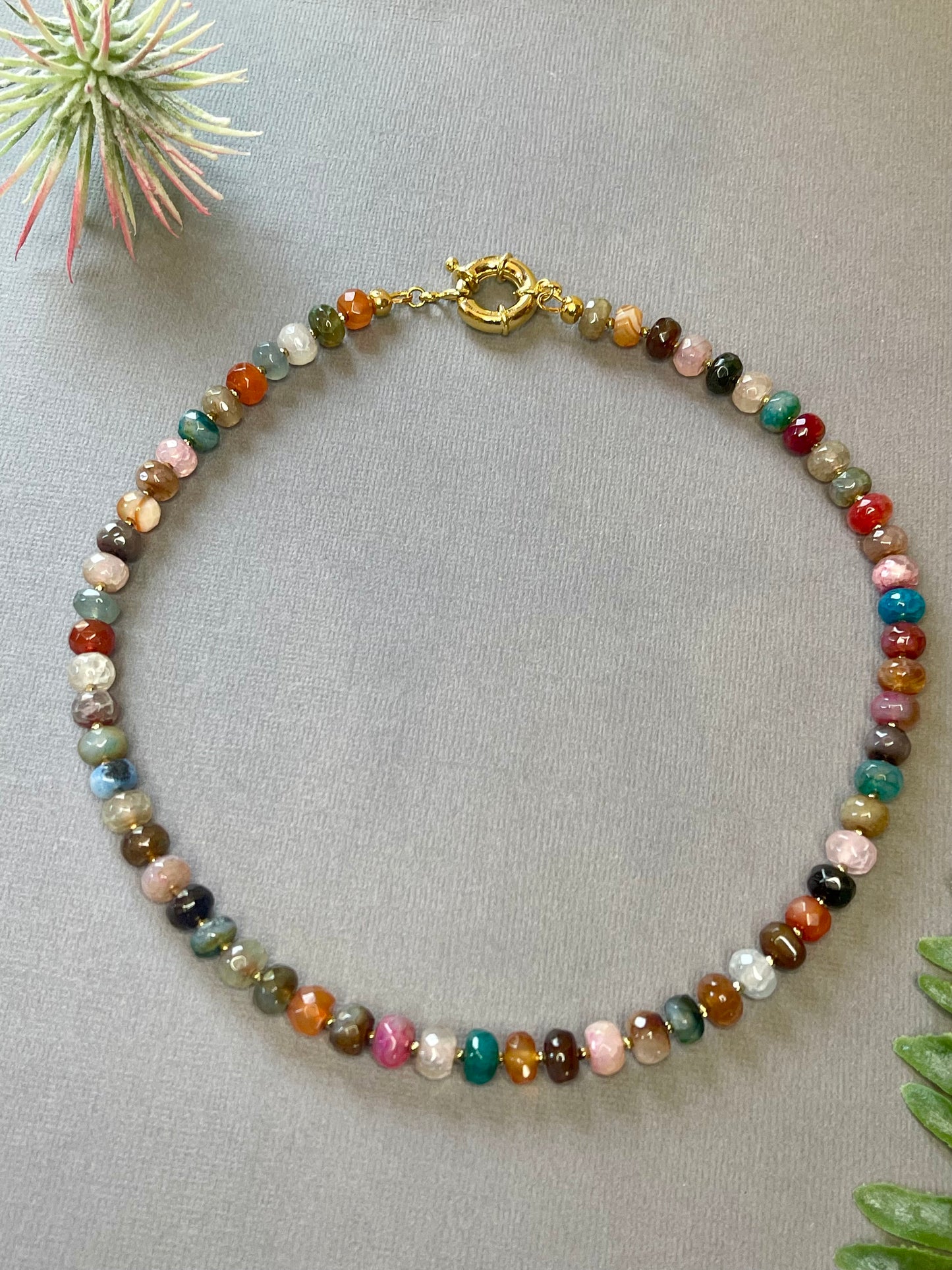 Handmade colorful gemstone necklace
Natural Gemstone Necklace with gold accents
Colorful everyday gemstone necklace
Layering gemstone necklace for women