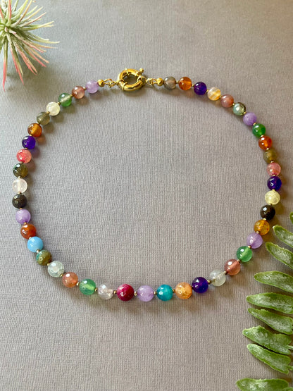 Handmade colorful gemstone necklace
Natural Gemstone Necklace with gold accents
Colorful everyday gemstone necklace
Layering gemstone necklace for women
