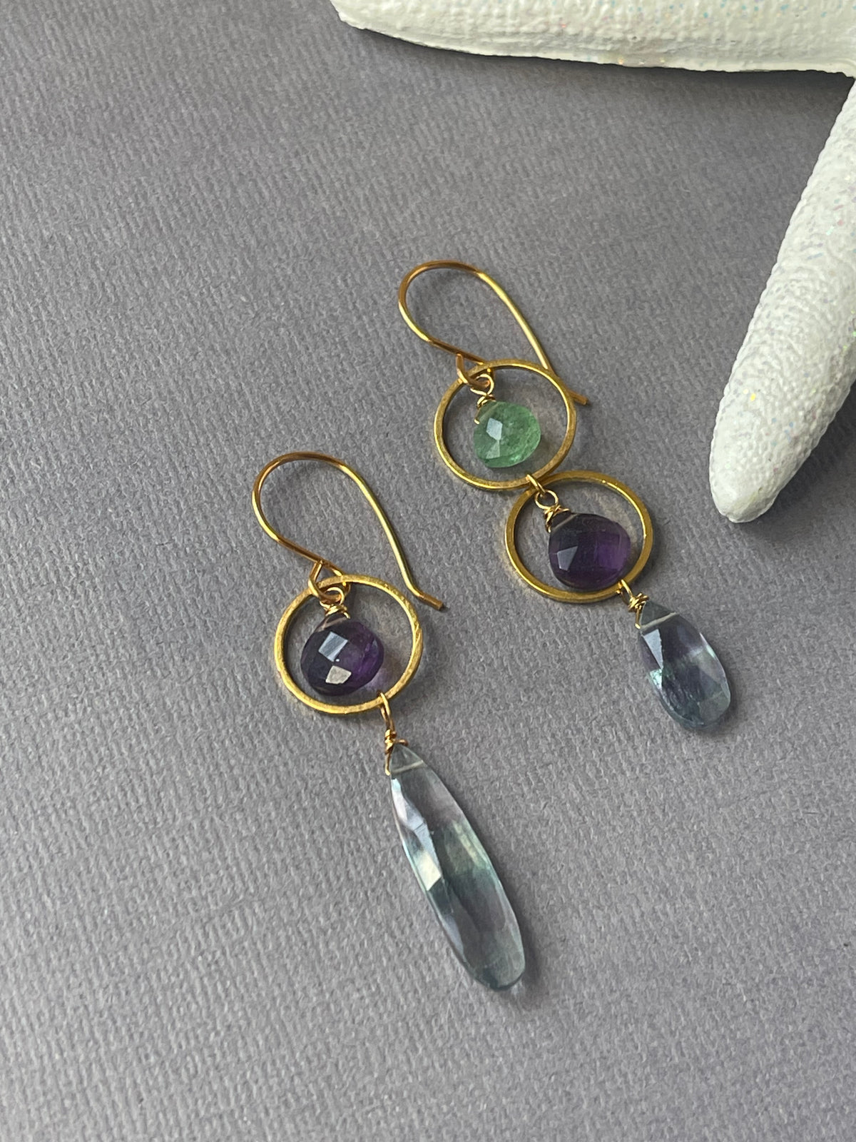 Green strawberry quartz and amethyst earrings with multicolor fluorite gemstones