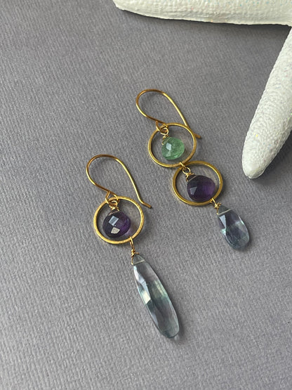 Green strawberry quartz and amethyst earrings with multicolor fluorite gemstones