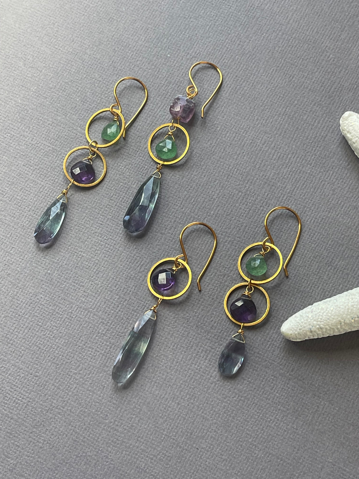 Green Strawberry quartz, amethyst, and fluorite gemstone dangle earrings