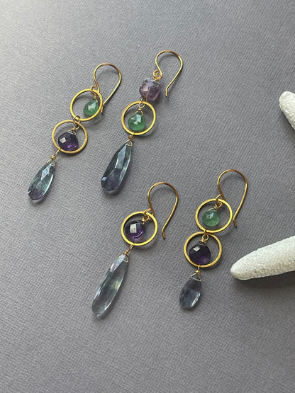 Green Strawberry quartz, amethyst, and fluorite gemstone dangle earrings