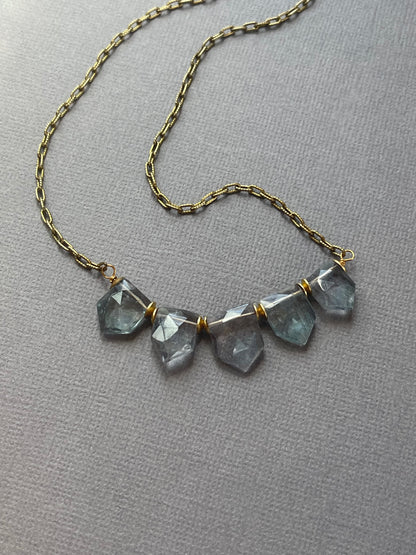 Close up of fluorite gemstone necklace