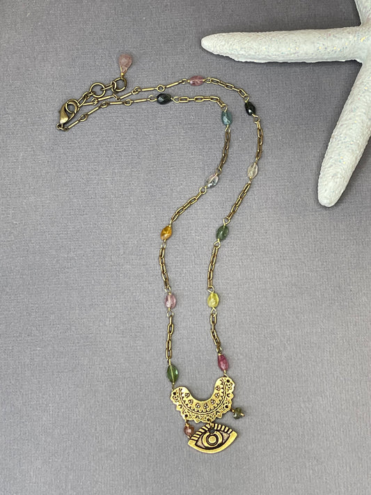 Rainbow tourmaline evil eye gemstone pendant necklace with bronze and gold-plated details