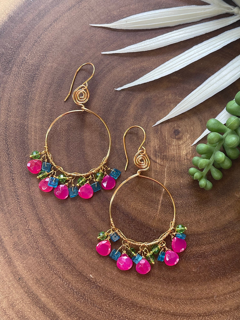 Hot Pink Chalcedony and Apatite Hoop Earrings