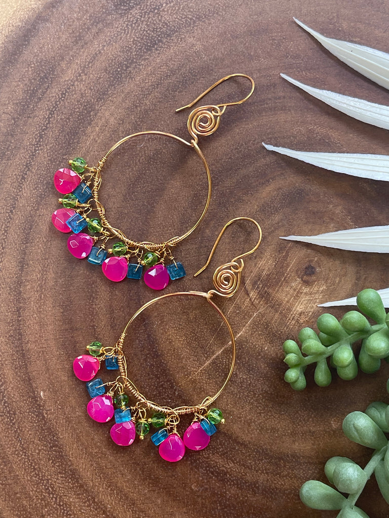 Hot Pink Chalcedony and Apatite Hoop Earrings