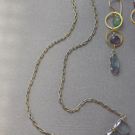 Fluorite gemstone necklace paired with fluorite earrings with amethyst and green strawberry quartz.
