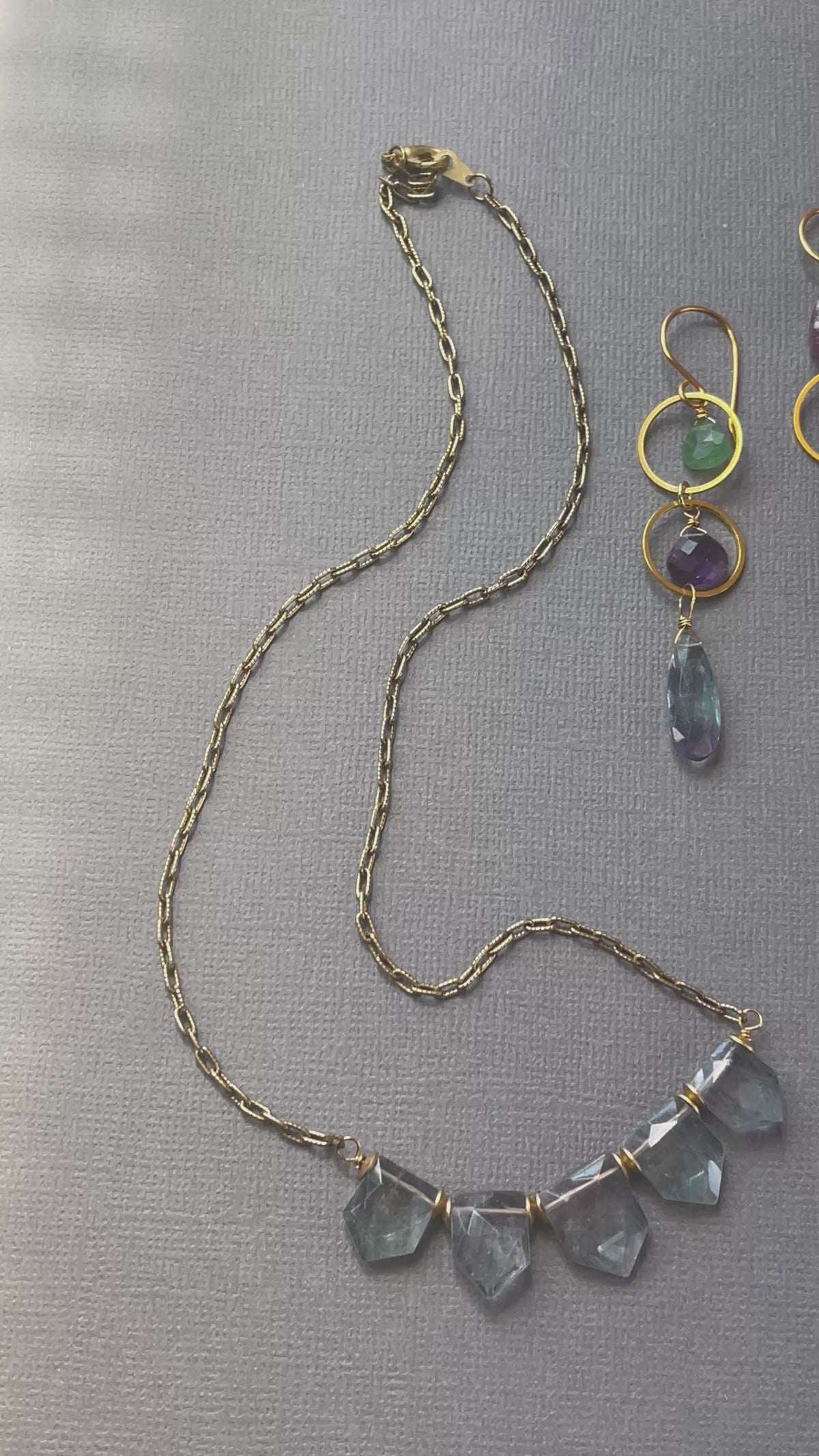 Green strawberry quartz, amethyst and fluorite gemstone dangle earrings with matching fluorite necklace.