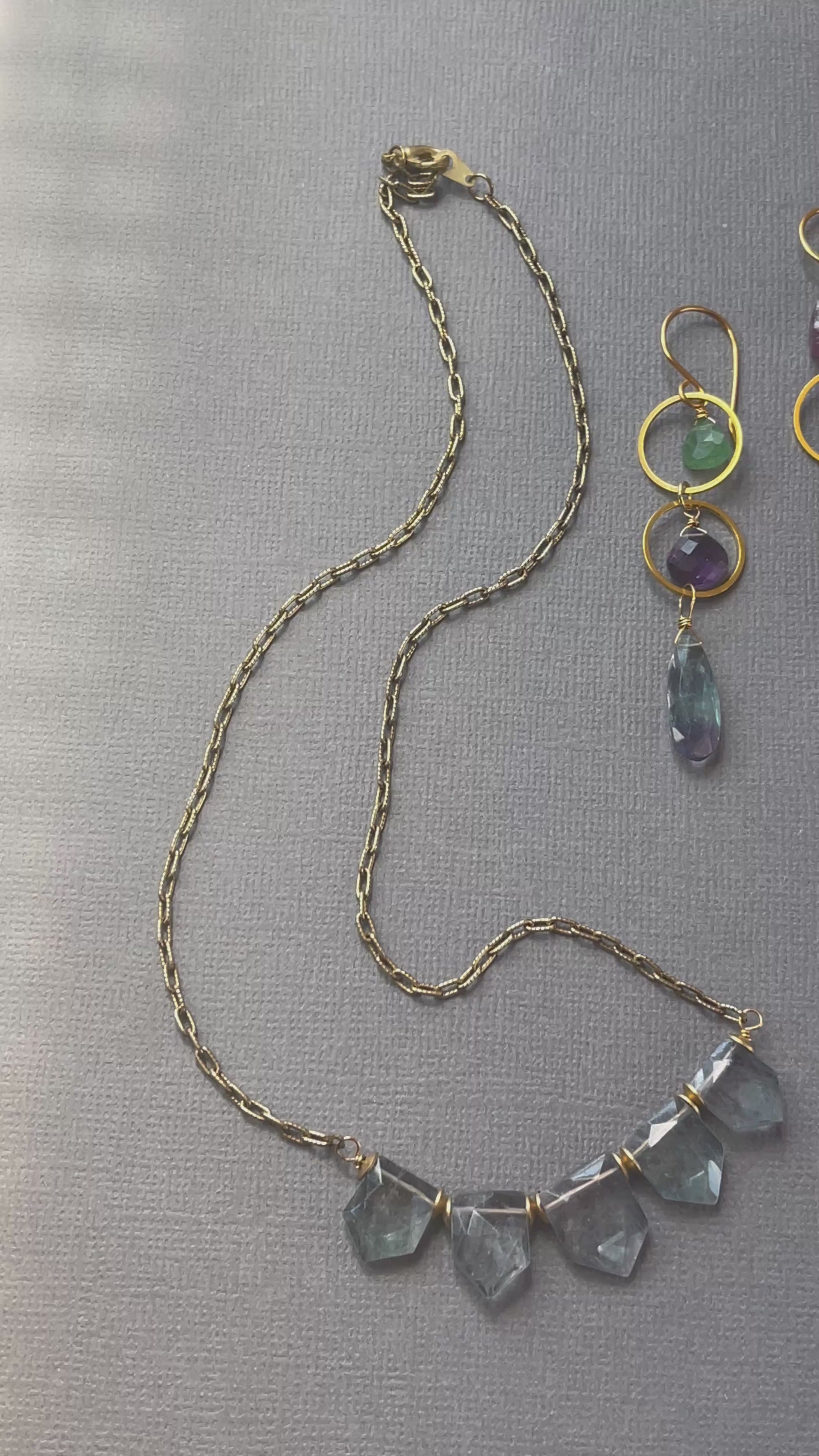 Green strawberry quartz, amethyst and fluorite gemstone dangle earrings with matching fluorite necklace.