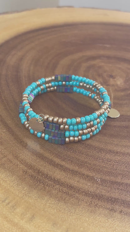 Turquoise Seed Bead and Colorful Hematite Wrap Bracelet