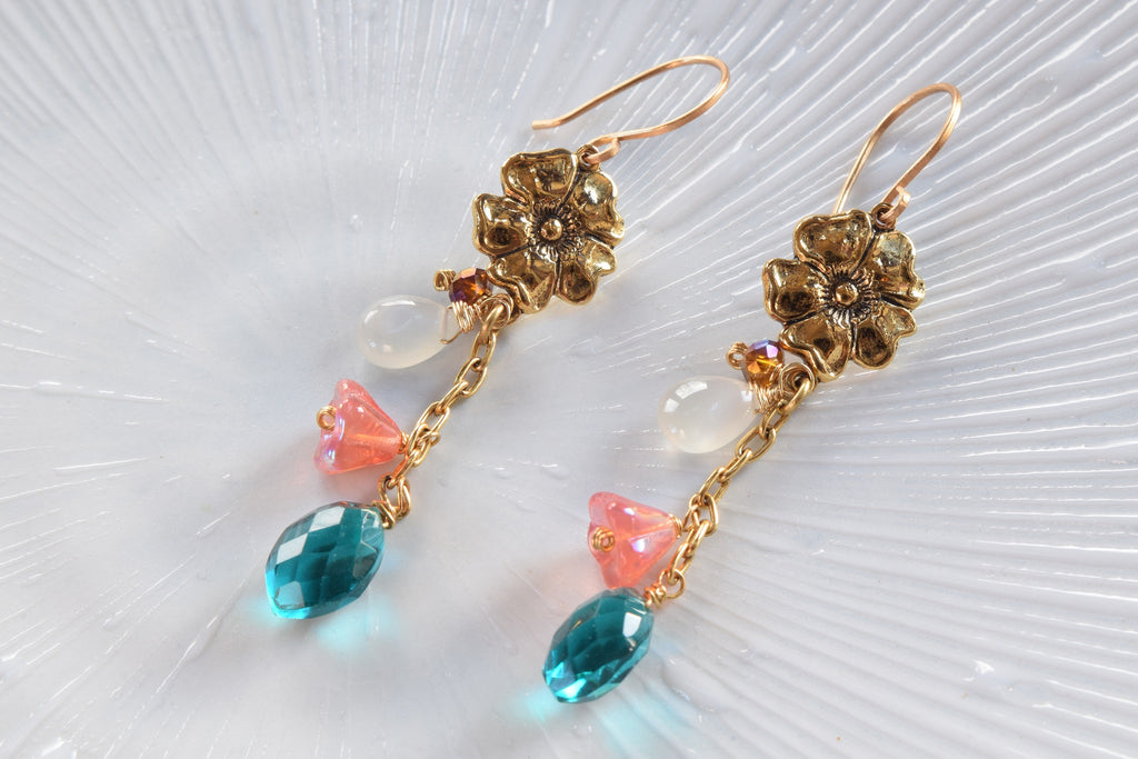 Teal Quartz and Moonstone Flower Earrings (Gold)