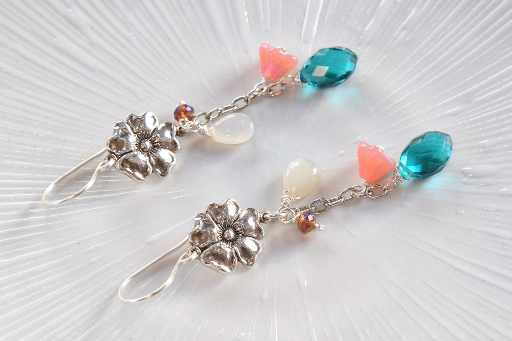 Teal Quartz and Moonstone Flower Earrings (Silver tone)