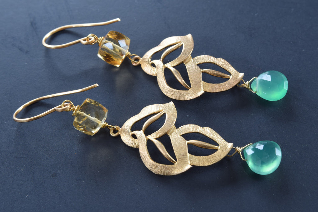 Citrine and Green Chalcedony Leaf Earrings