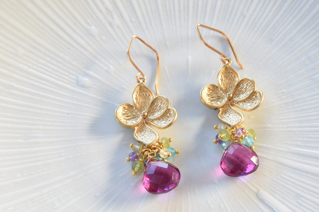 Rhodolite Pink Quartz Flower Earrings