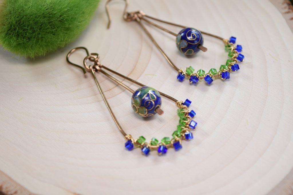 Blue/Green Enamel Beaded Hoop Earrings