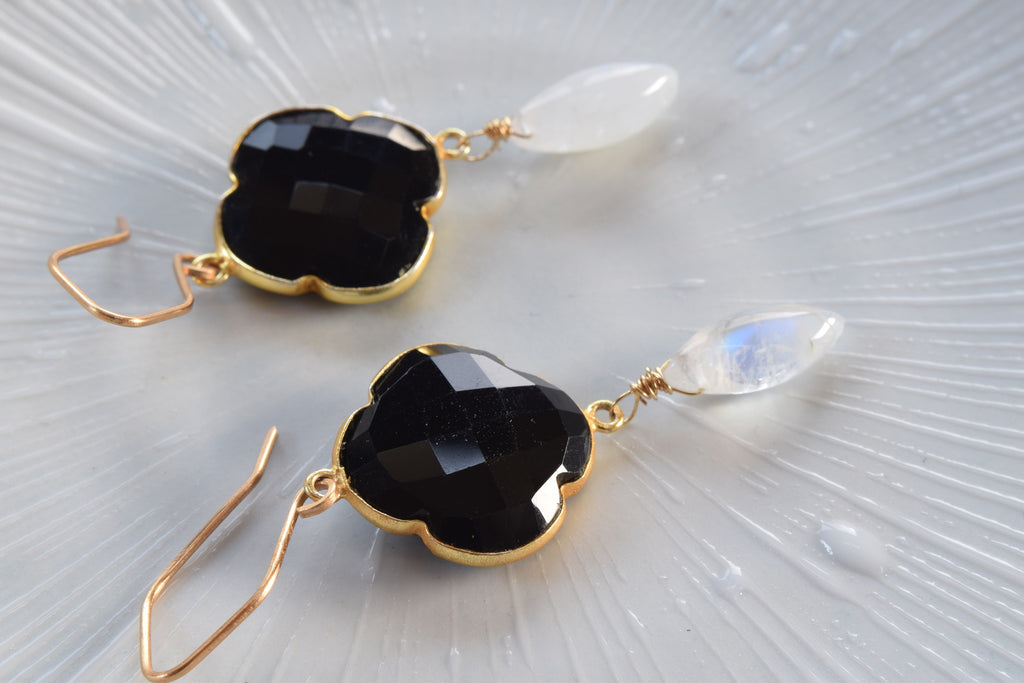 Black Onyx and Rainbow Moonstone Earrings